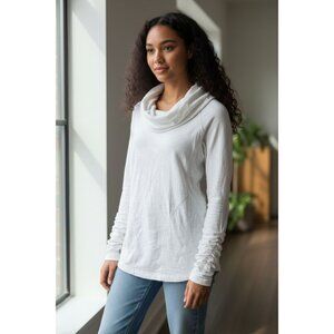 XCVI Women's Size S Cowl Neck Hooded Sweatshirt Ruched White Ruched Sleeves